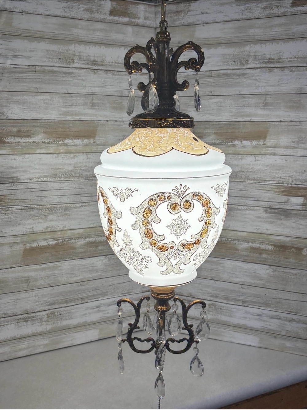 Vintage hanging light fixture swag Hollywood Regency textured gold white crystal